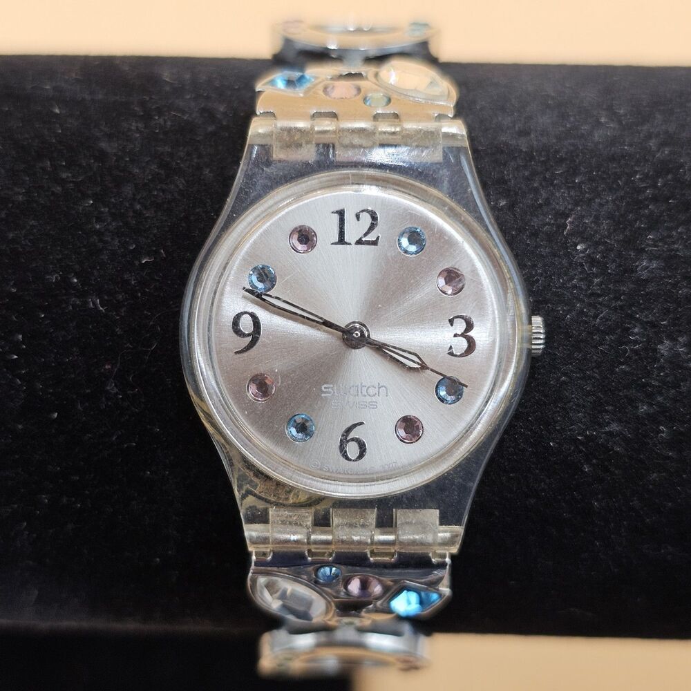 Vintage Swatch Ladies Watch Clear Case Silver Sunburst Dial Colorful Crystals